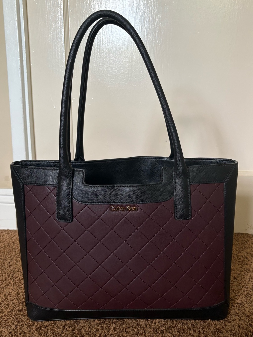 Calvin Klein Quilted Tote in Plum and Black Leather Trim